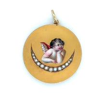 Load image into Gallery viewer, 18k Vintage Victorian Winged Cherub on Pearl Crescent Moon