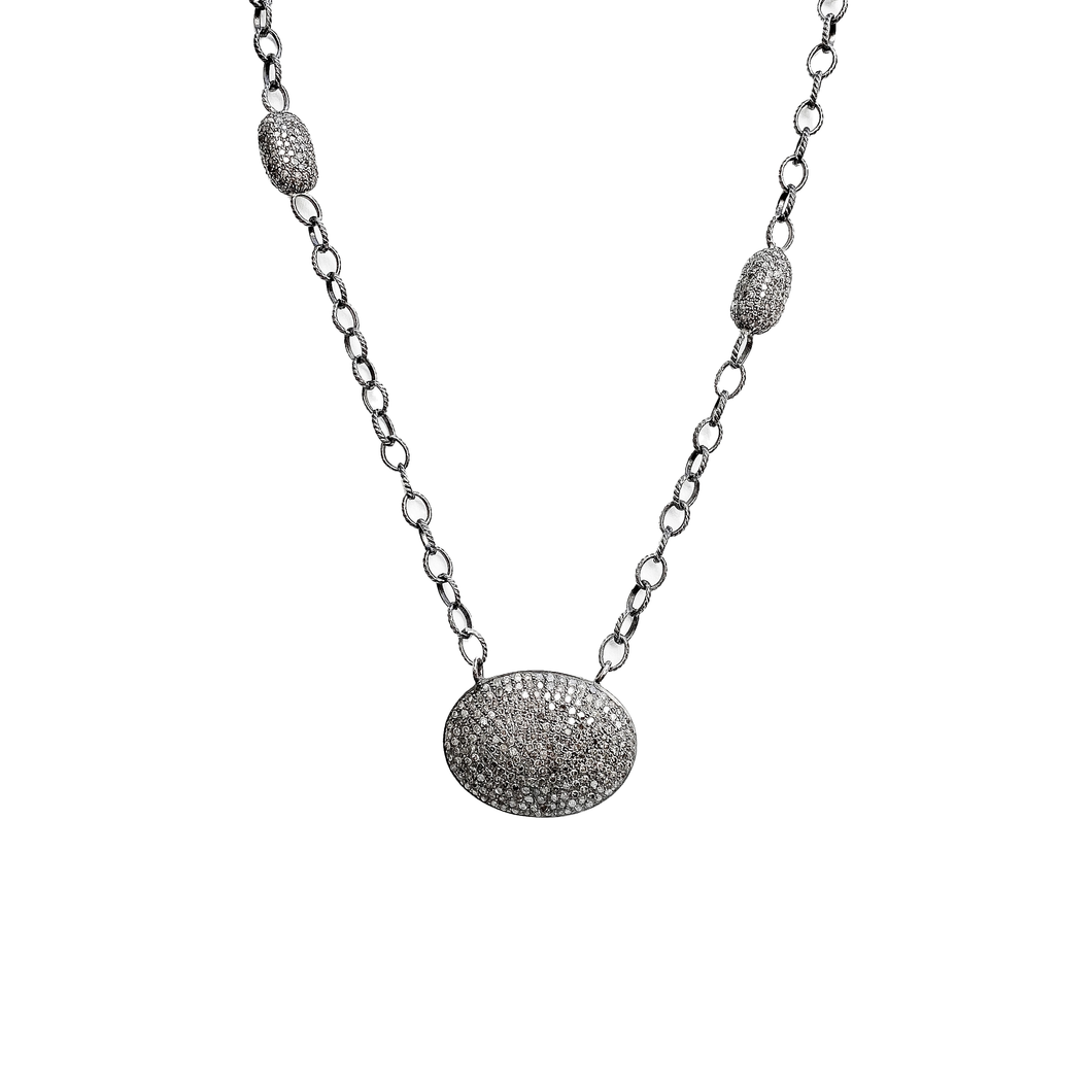 Diamond and Silver Oval disc Necklace w Two Diamond Stations