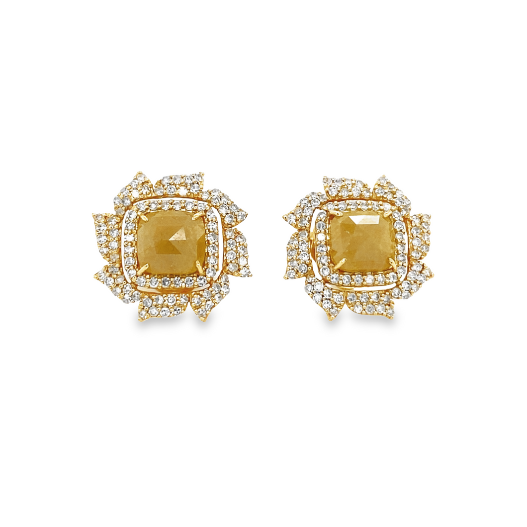 18kg Yellow Diamond Earrings with Diamond Surround