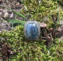 Load image into Gallery viewer, Grey Labradorite Ring with Silver and Diamond Surround
