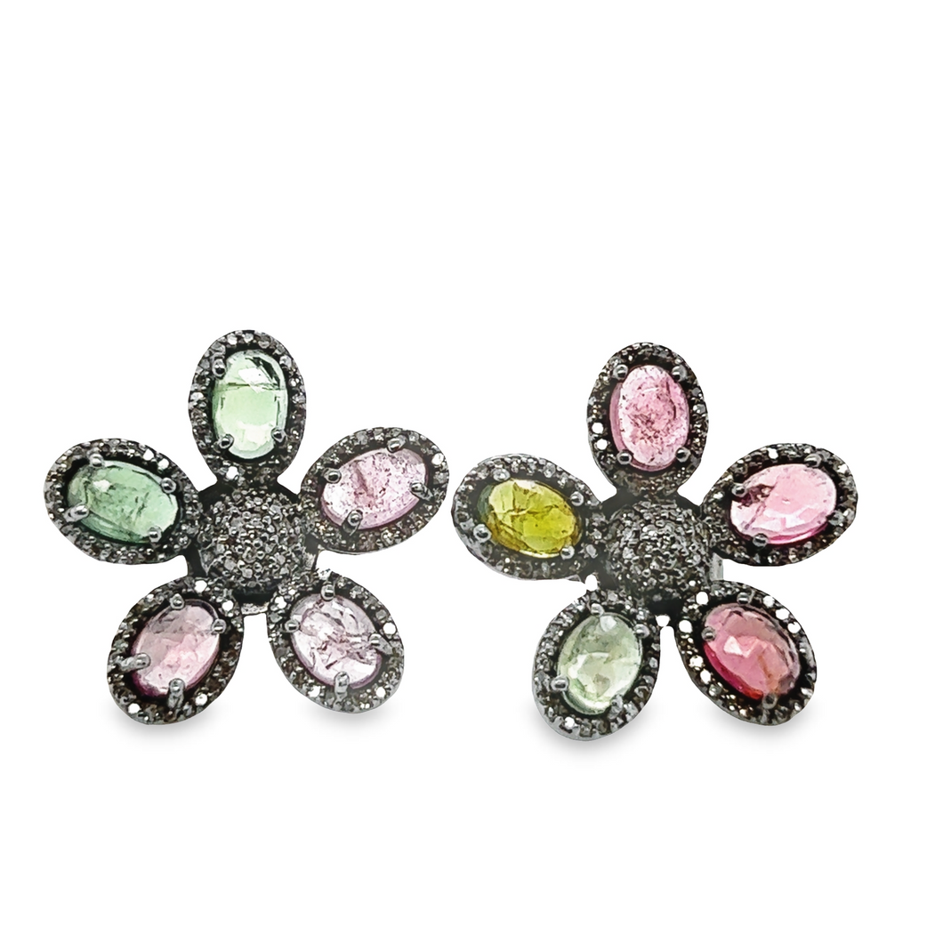 Tourmaline and Diamond Flower Earrings