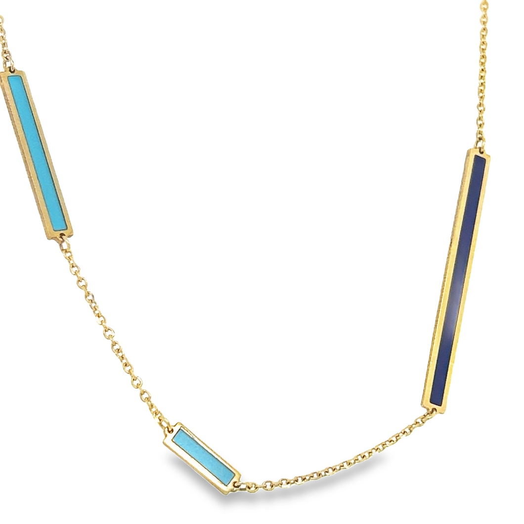 14kg Lapis and Turquoise Elongated Chiclet Necklace