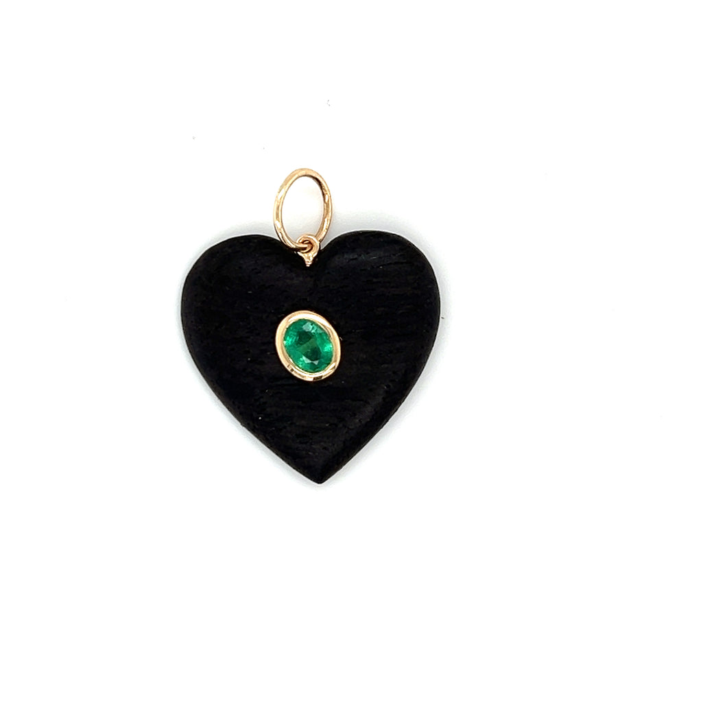14kg Wood Heart Pendant with Bezel Set Emerald
