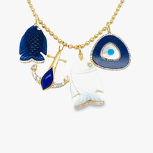 Load image into Gallery viewer, 14kg, Diamond and Mother of Pearl or Blue Sapphire Fish Pendants
