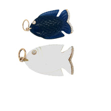 Load image into Gallery viewer, 14kg, Diamond and Mother of Pearl or Blue Sapphire Fish Pendants

