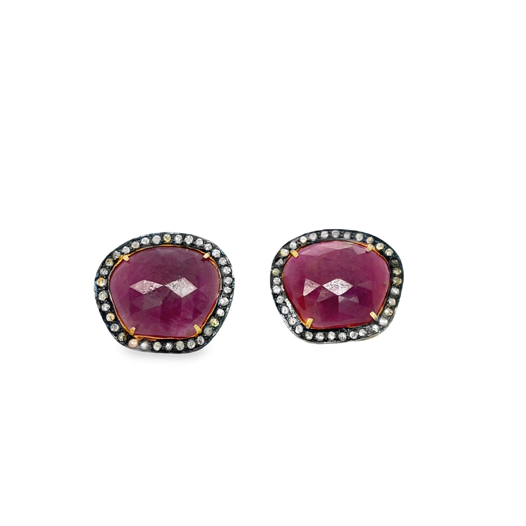 Sterling Silver and Faceted Raw Organic Ruby Earrings with Diamond Surround