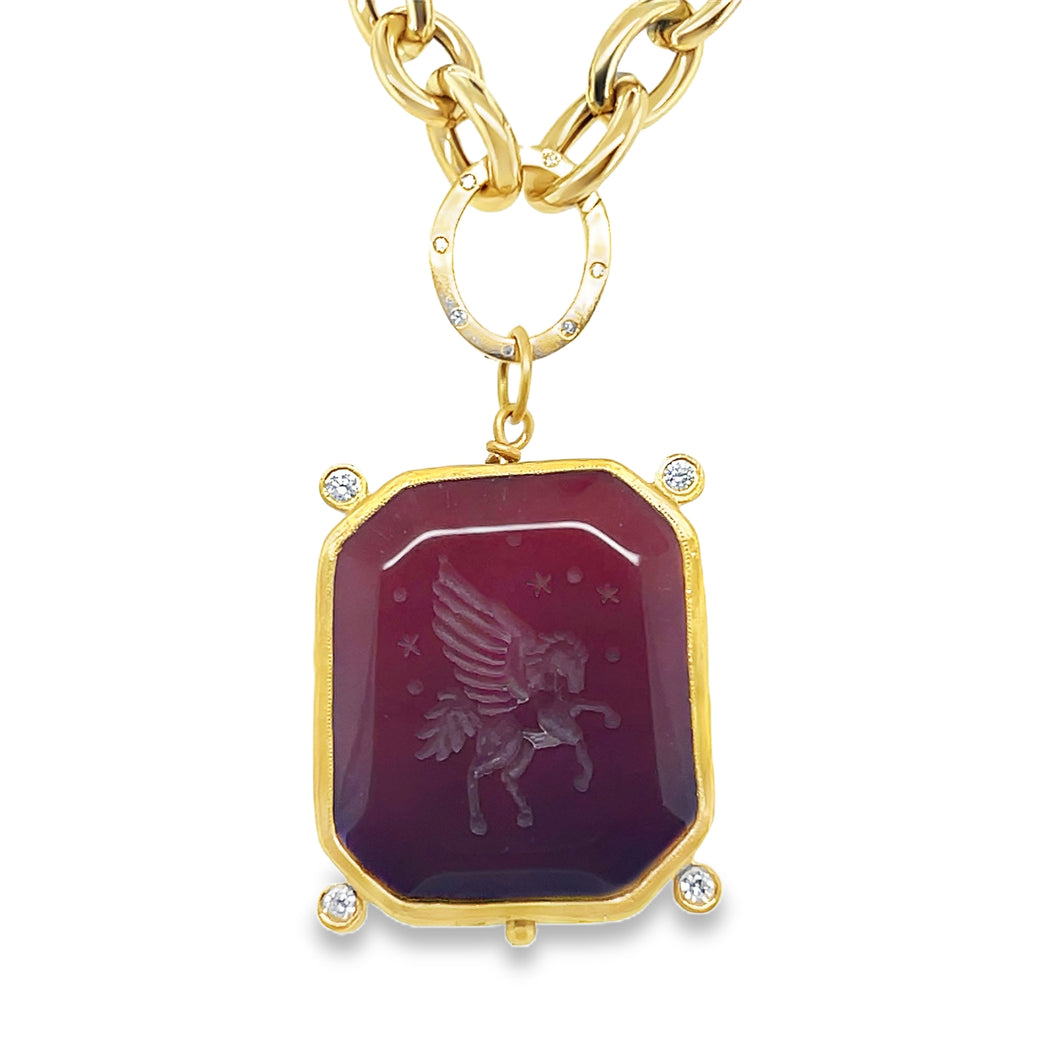 24kg Agate and Diamond Pendant  with Intaglio Pegasus and Lion