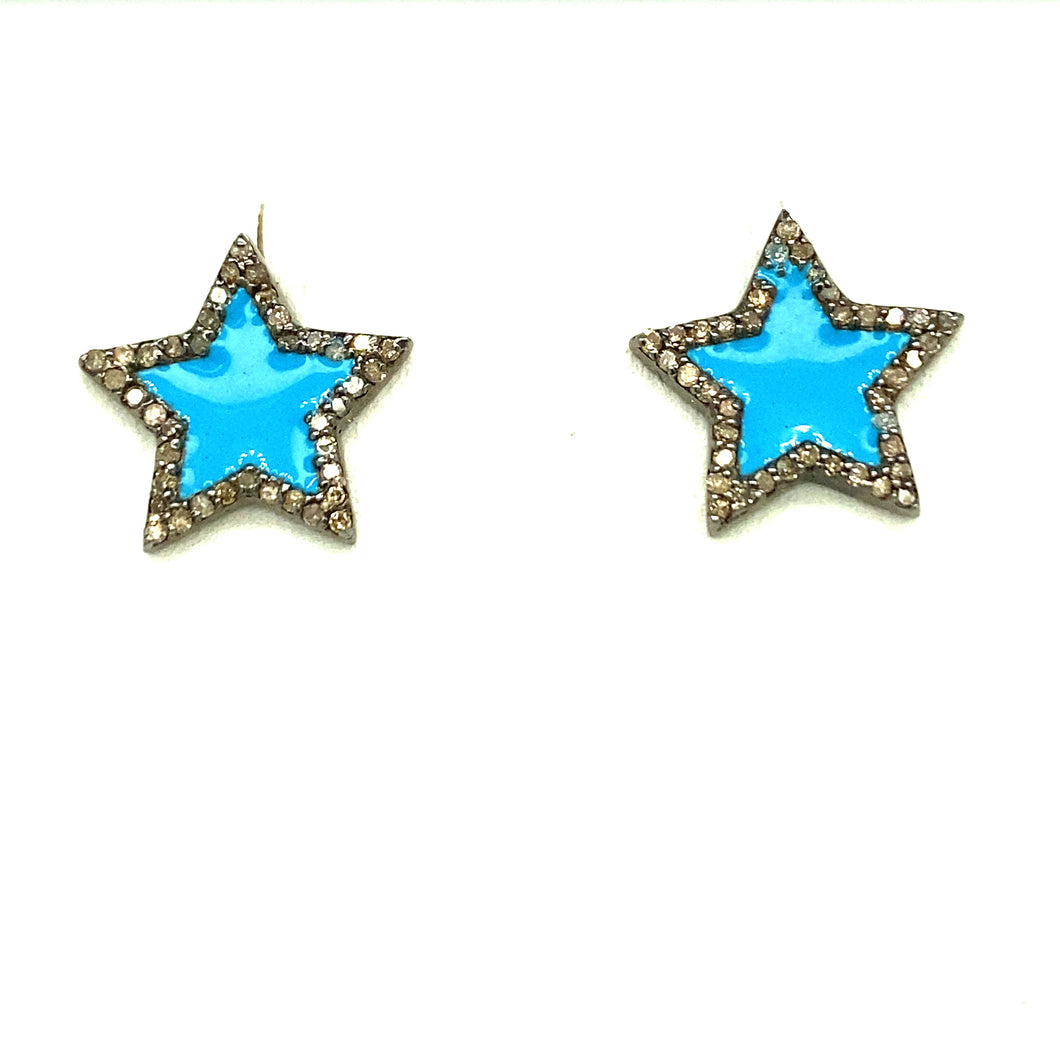 Turquoise, Diamond and Silver Star Studs