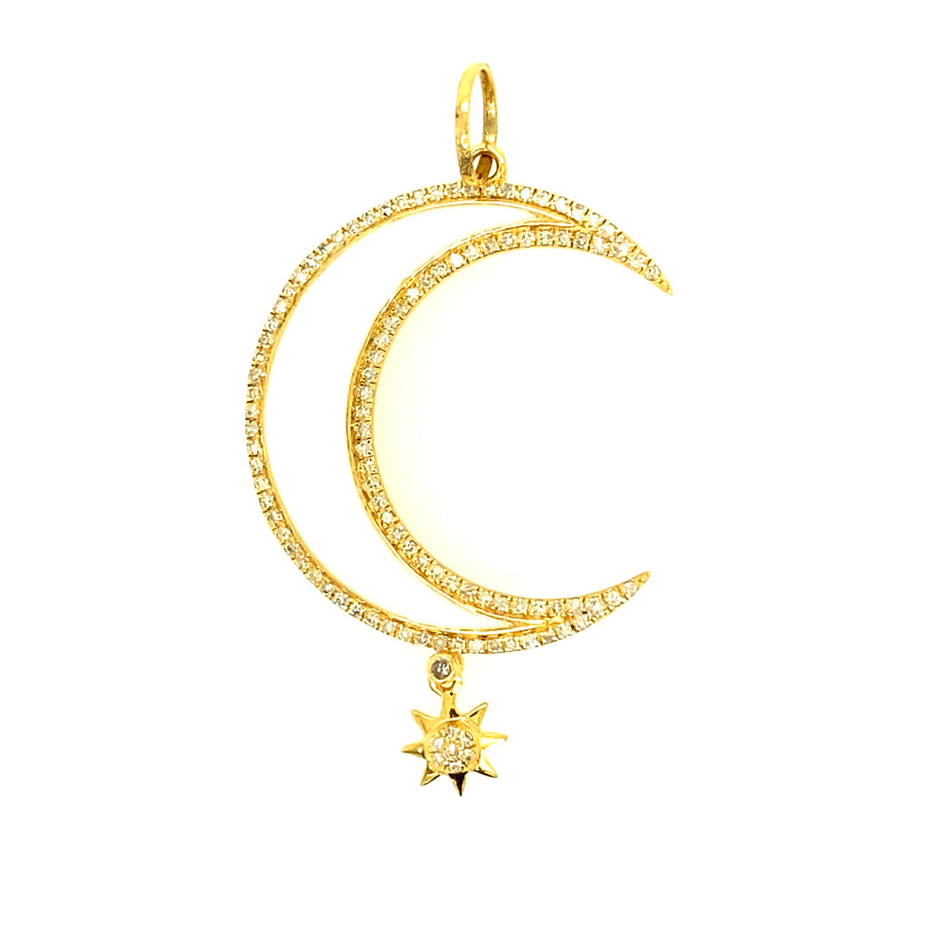 14kg Diamond and White Enamel Moon with Dangling Diamond Star