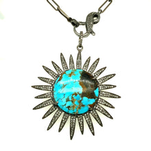 Load image into Gallery viewer, Diamond, Silver and Turquoise Sunburst Pendant
