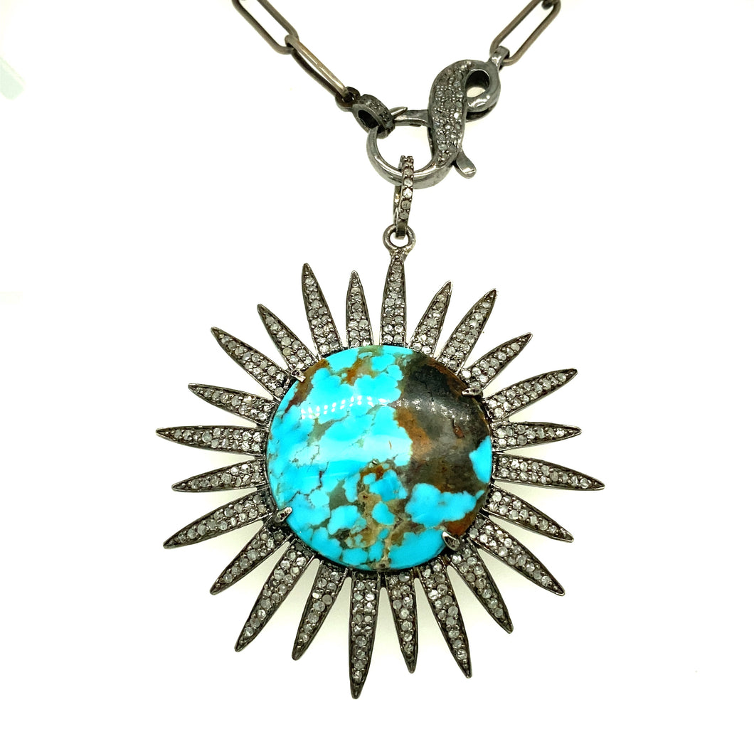 Diamond, Silver and Turquoise Sunburst Pendant