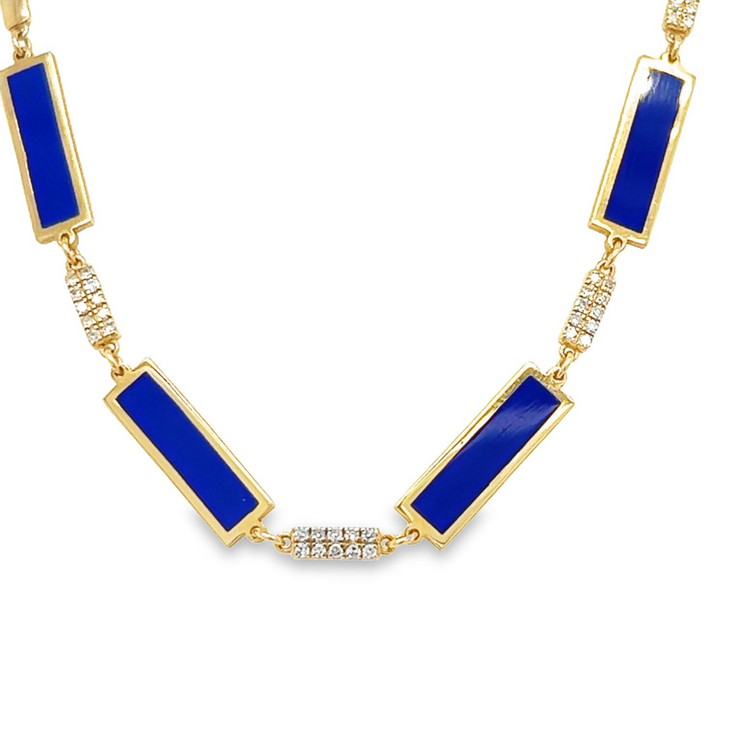 14kg Blue Lapis and Diamond Bar Chiclet Necklace