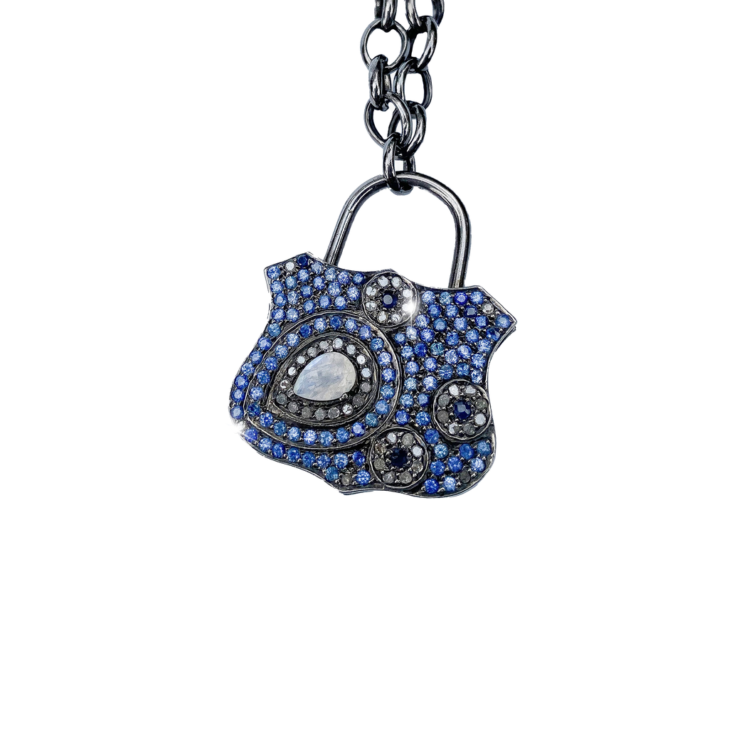 Blue Sapphire, Diamond, Moonstone, Silver Lock Necklace