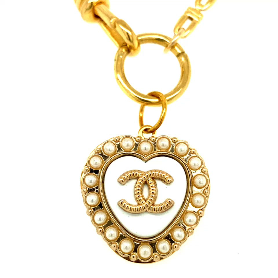 Chanel Vintage Gold Pearl Heart Button Pendant