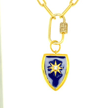 Load and play video in Gallery viewer, Blue Enamel Gold Shield Pendant
